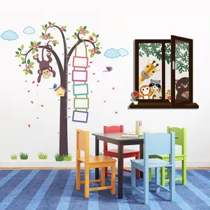 Walplus Combo Adult Nursery Monkey Height Measure + Window View of Animal Friends Wall Sticker