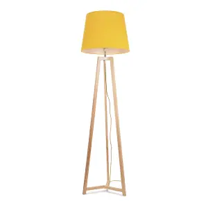 ValueLights Lottie Natural Wood Tripod Floor Lamp with Mustard Tapered Shade