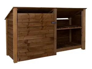 Wooden tool and log store (roof sloping back), garden storage with shelf W-227cm, H-126, D-88cm - brown finish