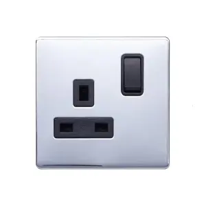 Polished Chrome Screwless Plate 13A 1 Gang Switched Plug Socket, Double Pole - Black Trim - SE Home