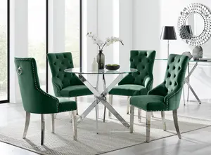 Furniturebox UK Novara Chrome Metal Round Glass Dining Table And 4 Velvet Belgravia Chairs