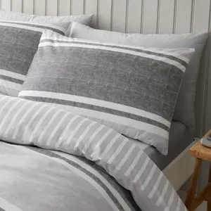 Textured Banded Stripe Reversible Duvet Cover Set with Pillowcases Grey / Double - 2 Standard Pillowcases