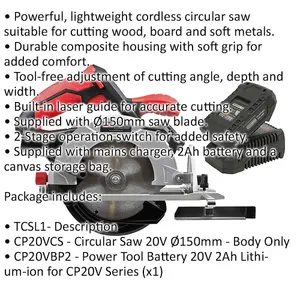 20V Cordless Circular Saw Kit with Laser Guide - Powerful 150mm Cutter for Precision Cutting