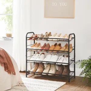 SONGMICS Shoe Rack, 3-Tier Shoe Organizer, Metal Shoe Shelf Storage with 4 Side Hooks, Holds 12 Pairs of Shoes Rack