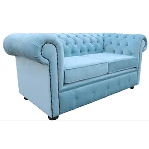 Chesterfield 2 Seater Sofa Settee Velluto Duck Egg Blue Fabric In Classic Style