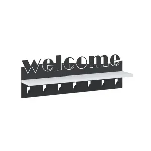 Decortie Modern Welcome Letter Wall Hanger White Metal 7 Metal Hooks Hanging Shelf Rack Hotels, Hallway, Bedroom (Black)