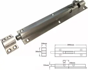 38mm Barrel Bolt Straight/Necked - Satin Chrome Finish (Straight, 38mm x 200mm)