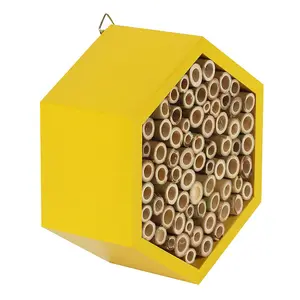 Charming Wooden Bee House. Includes Metal Hanger. Great for Solitary Bees (H15 x W16.5 cm)