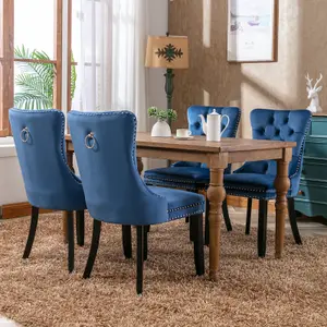 Pair of Lux Blue Velvet Kitchen Dining Chairs with Pull Knocker Wing Back Home Office Bedroom Chairs