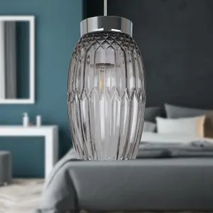 First Choice Lighting Facet Chrome with Smoke Faceted Glass Pendant Shade