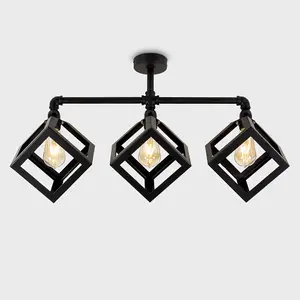 ValueLights Luiggi Satin Black 3 Way Bar Pipework Ceiling Light with Puzzle Cube Design Black Metal Shades and LED Bulbs