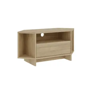 Decortie Modern Viva Corner TV Unit Shelf up to 40 Inch TVs Push to Open Storage Cabinet, 3 Open Shelf Media Centre 95.7(W)cm Oak