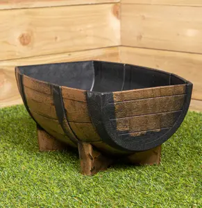 25cm Medium Plastic Oak Barrel Effect Garden Patio Decorative Trough Planter