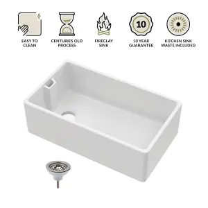 Single Bowl Fireclay Belfast Kitchen Sink & Basket Strainer Waste, 795 x 460 x 254mm