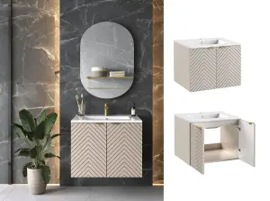 Bathroom Vanity Sink Basin 600mm Modern Wall Hung Cabinet Herringbone Beige Cara