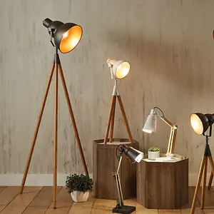 Grey Metal and Natural Wood Tripod Floor Film Light