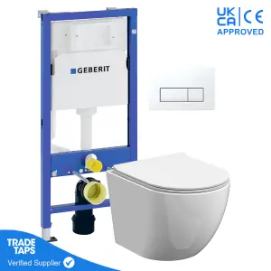 White Wall Hung Toilet Rimless Pan with Geberit Concealed Cistern Frame 112cm & Delta50 White Flush Plate