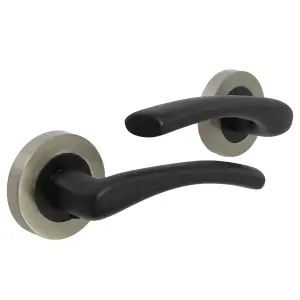 Zena Door Handle Modern Design Matt Black Lever on Satin Rose Internal + Latch & Hinges