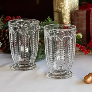 Set of 2 Vintage Luxury Clear Embossed Drinking Tall Tumbler Glasses 340ml