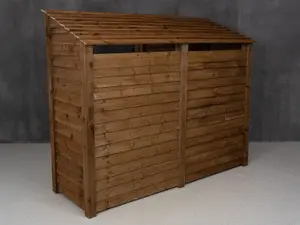 Wooden log store (roof sloping back) with door and kindling shelf W-227cm, H-180cm, D-88cm - brown finish