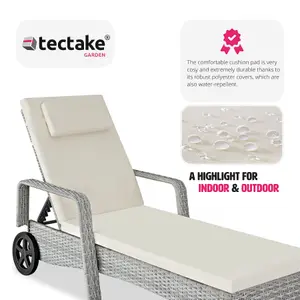 Sun Lounger - 6-position backrest, weather & UV-resistant, soft pillow, two wheels - light grey/cream