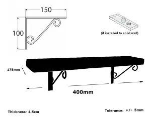 Solid Wood Handmade Rustical Shelf White 175mm 7 inch with Black Metal Bracket WOP Length of 40cm