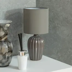 ValueLights Carbone Pair of Grey Fluted Ceramic Bedside Table Lamps with a Fabric Lampshade Bedroom Light