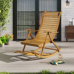 Foldable Natural Adjustable Balcony Wooden Bamboo Rocking Lounge Chair with Retractable Footrest