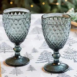 Set of 2 Vintage Luxury Grey Diamond Embossed Drinking Wine Glass Wine Goblets 270ml