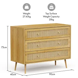 VonHaus Chest of Drawers for Bedroom, Scandi Style Natural Rattan 3 Drawer Organiser, Wicker Dresser for Bedroom & Living Room