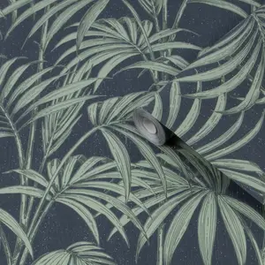 Julien MacDonald Honolulu Green & navy Glitter effect Leaves Smooth Wallpaper