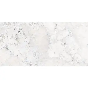 Santiago Gloss White & Blue Marble Effect Porcelain Wall & Floor Tile - Pack of 16 Tiles, 11m² - (L)600(W)1200mm