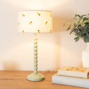 ValueLights Bobbins Sage Green Table Lamp with Lemon Embroidered Drum Lamp Shade