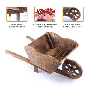 GARDEN MODERN WOODEN WHEEL BARROW PLANTER BURNT WOOD FLOWER CART ORNAMENTAL POT