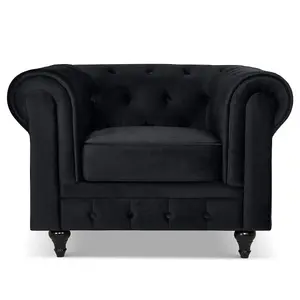 Velvet Chesterfield Arm Chair - Black