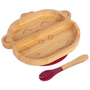 Bamboo Monkey Baby Weaning Plate & Fork Set - Red