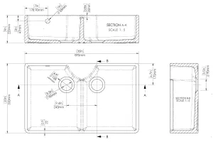 895mm - Double Bowl Fireclay Butler Kitchen Sink - Stepped Weir, Mixer Tap & Wastes