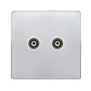 Polished Chrome Screwless Plate Twin Isolated Coaxial Socket - White Trim - SE Home