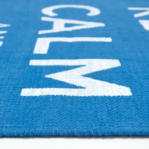 Homescapes Keep Calm And Carry On Blue White Rug Hand Woven Base, 60 x 100 cm