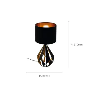 EGLO Carlton 5 Black/Gold Metal Table Lamp - Geometric Design, Fabric Shade, In-Line Switch (D) 25cm