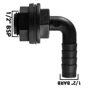 1/2" (13mm) Water butt/rain barrel/water storage tank overflow hosetail elbow with nut & washer ( requires a 21mm hole)