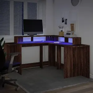 Berkfield Desk with LED Lights Brown Oak 152x152x91 cm Engineered Wood