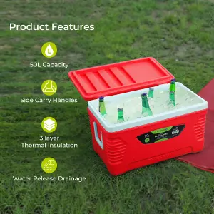 Royalford 50L Insulated Ice Cooler Box, 3 Layer Thermal Insulation Chiller Box, Portable Ice Box, Red