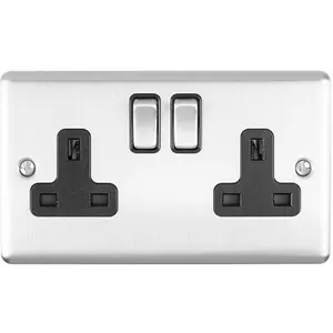 2 Gang Double UK Plug Socket SATIN STEEL 13A Switched Black Trim Power Outlet