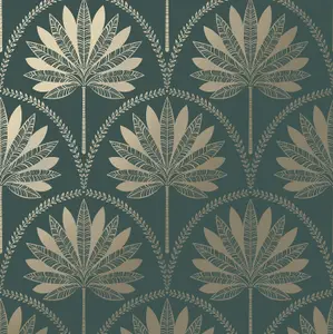 Holden Teal Metallic Gold Tropical Palm Trees Leaves Feature Wallpaper