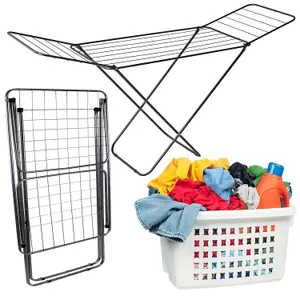 Black Clothes Airer Metal Foldable Clothes Drying Rack With Winged Stand For Indoor & Outdoor Use