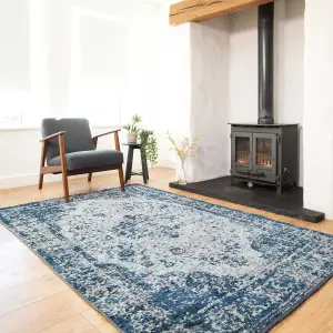 Navy Blue Distressed Traditional Medallion Reversible Chenille Living Area Rug 115x170cm