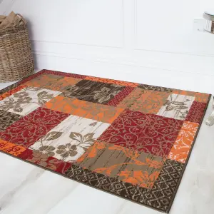 Red Terracotta Brown Floral Patchwork Living Room Rug 120x170cm