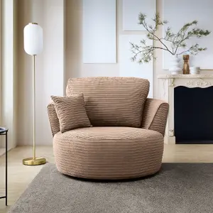 Jumbo Brown Cord Swivel Chair for Living Room with Thick Luxury Deep Filled Cushioning