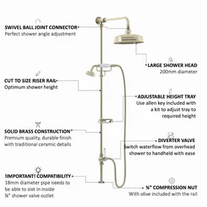 ENKI Downton English Gold Watercan Head Shower Riser Rail Kit RG049 200mm